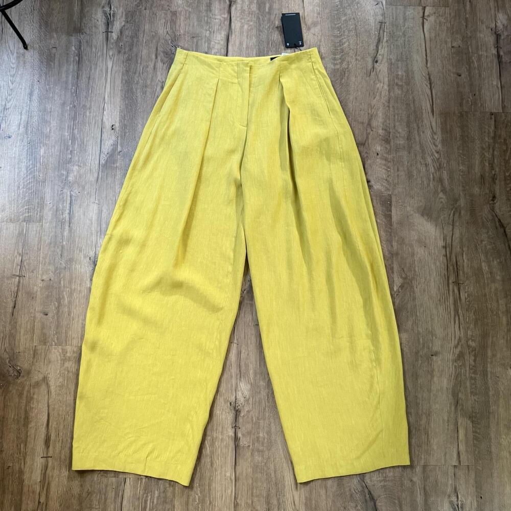 NWT Massimo Dutti Wide Leg Pants Womens 6 Yellow Linen Blend Pockets Pleated